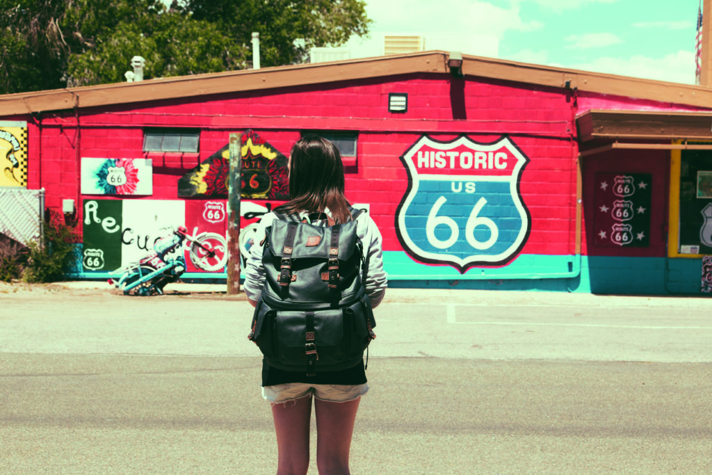 route 66 sign girl bag