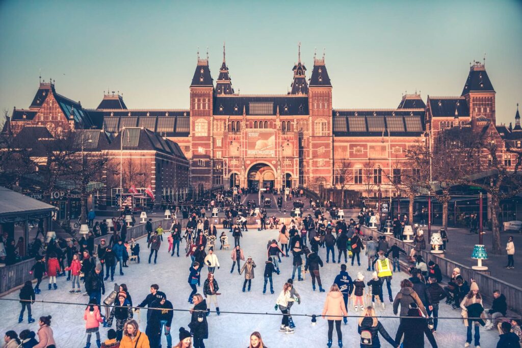 People ice skating outside the Rijksmuseum, Amsterdam